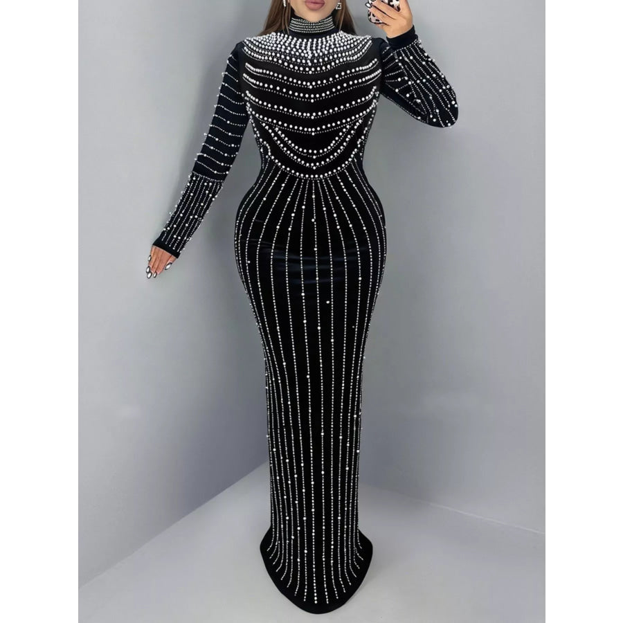Rhinestone Embellished Mock Neck Long Sleeve Maxi Dress Black / S Apparel and Accessories