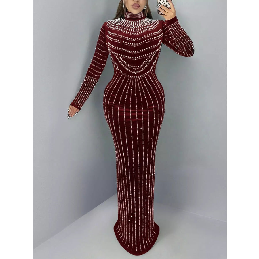 Rhinestone Embellished Mock Neck Long Sleeve Maxi Dress Burgundy / S Apparel and Accessories