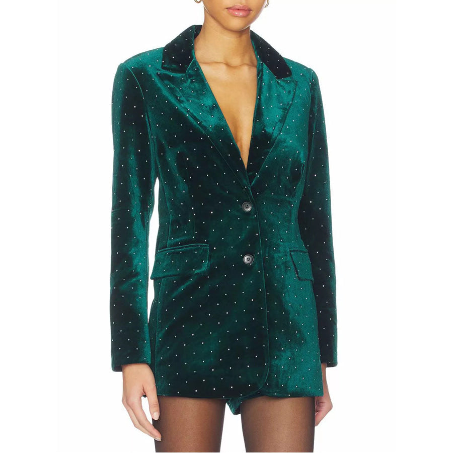 Rhinestone Embellished Single-Breasted Blazer Dark Green / S