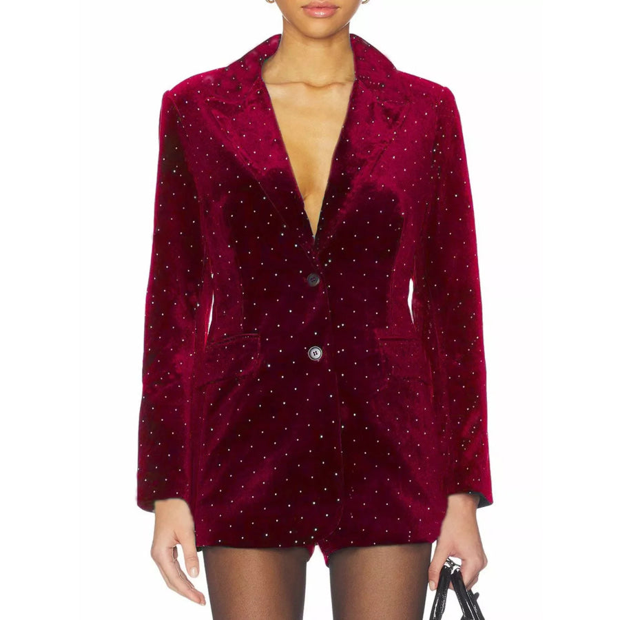 Rhinestone Embellished Single-Breasted Blazer Wine Red / S
