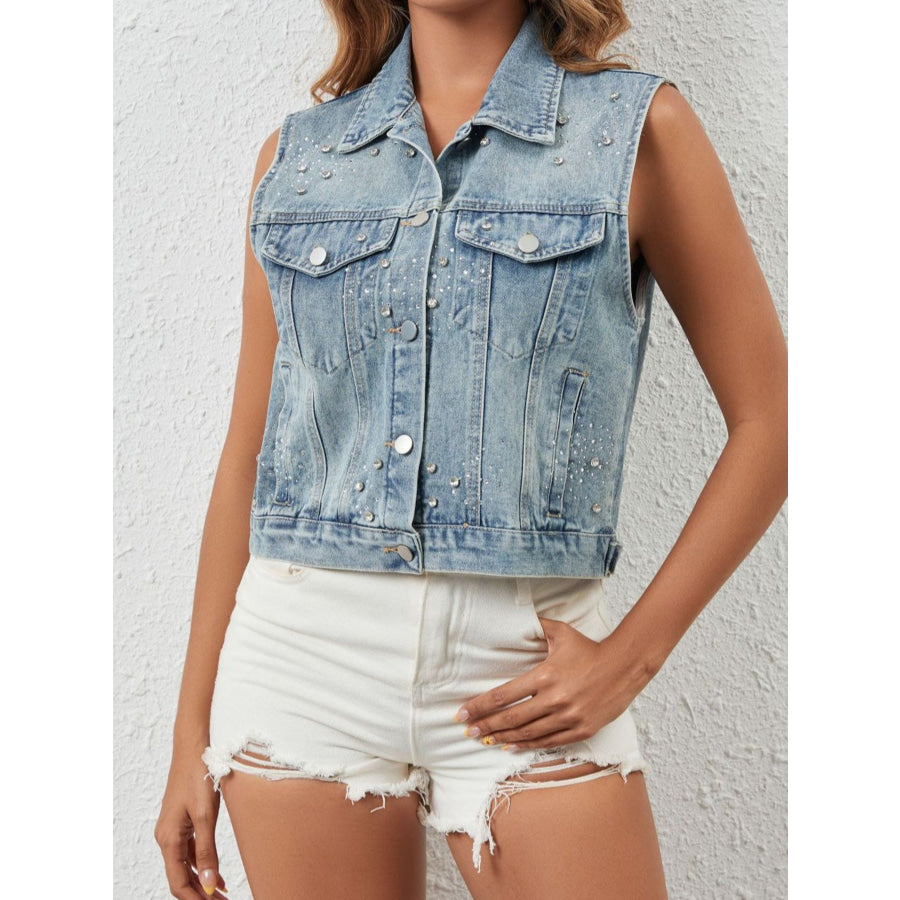 Rhinestone Embellished Sleeveless Denim Jacket Apparel and Accessories