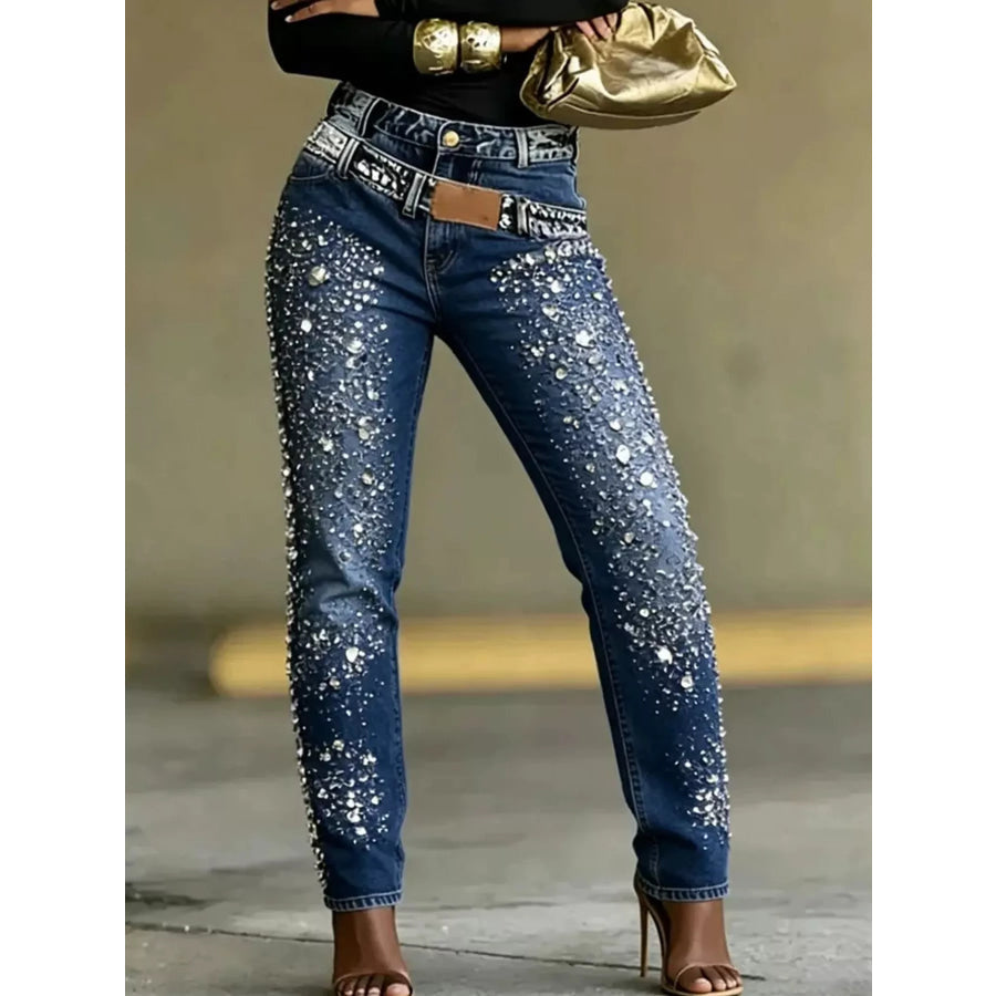 Rhinestone Embellished Slim Fit Jeans Dark Blue / S Apparel and Accessories