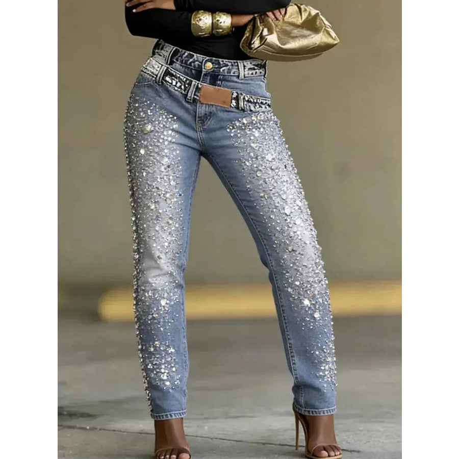 Rhinestone Embellished Slim Fit Jeans Light Blue / S Apparel and Accessories