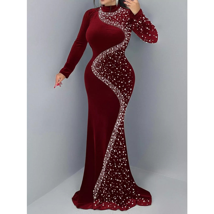Rhinestone Embellished Velvet Mermaid Evening Maxi Dress Burgundy / S Apparel and Accessories