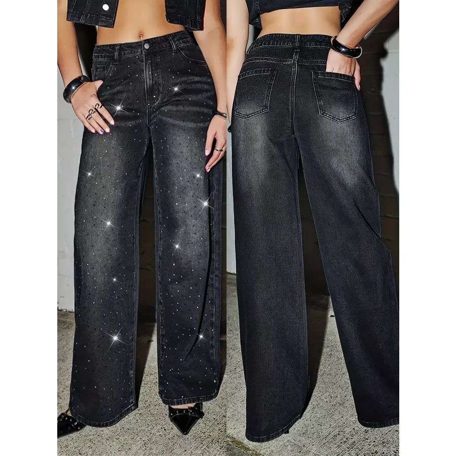 Rhinestone Embellished Wide Leg Jeans Apparel and Accessories