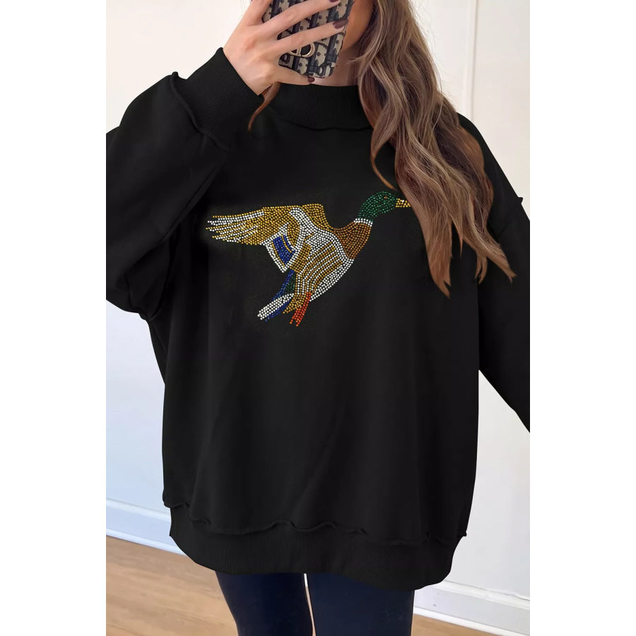 Rhinestone Flying Mallard Mock Neck Tunic Sweatshirt Black / S Apparel and Accessories