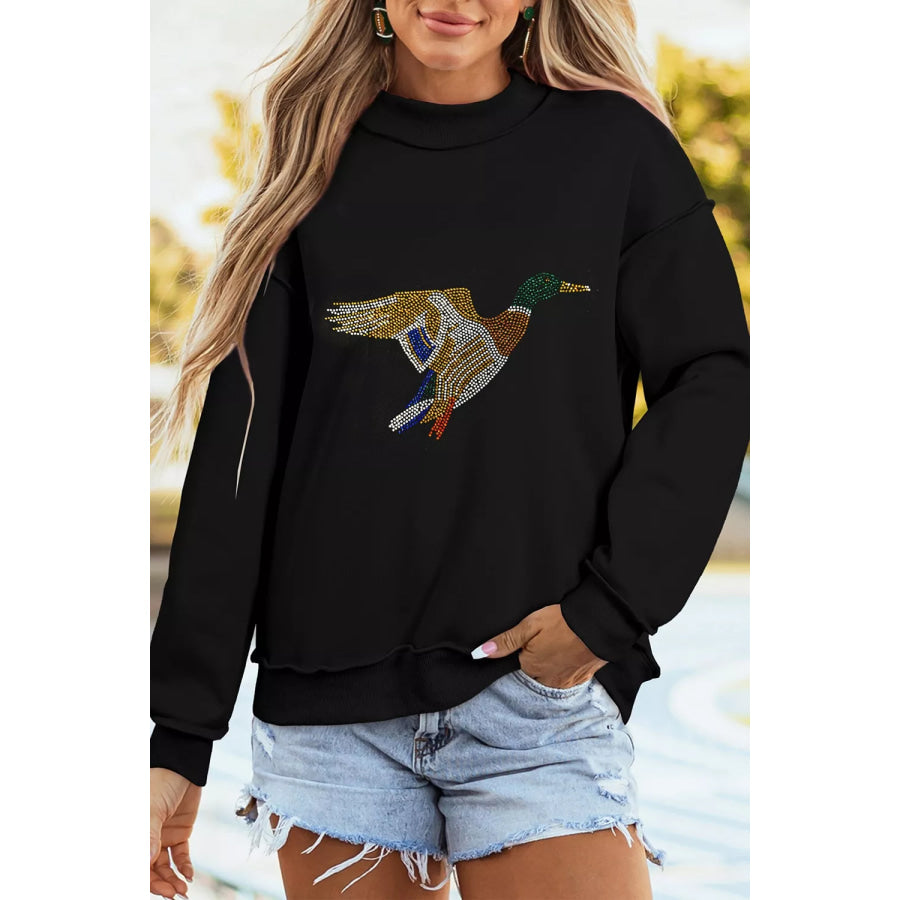 Rhinestone Flying Mallard Mock Neck Tunic Sweatshirt Black / S Apparel and Accessories