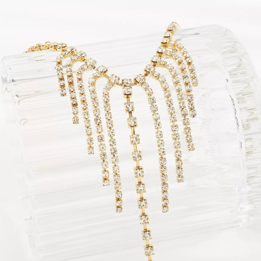 Rhinestone Fringe Hand Chain Bracelet Gold / One Size Apparel and Accessories