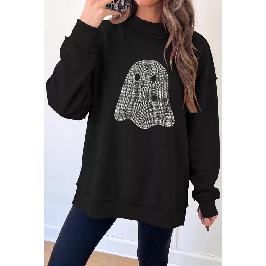 Rhinestone Ghost Exposed Seam Mock Neck Halloween Sweatshirt Apparel and Accessories
