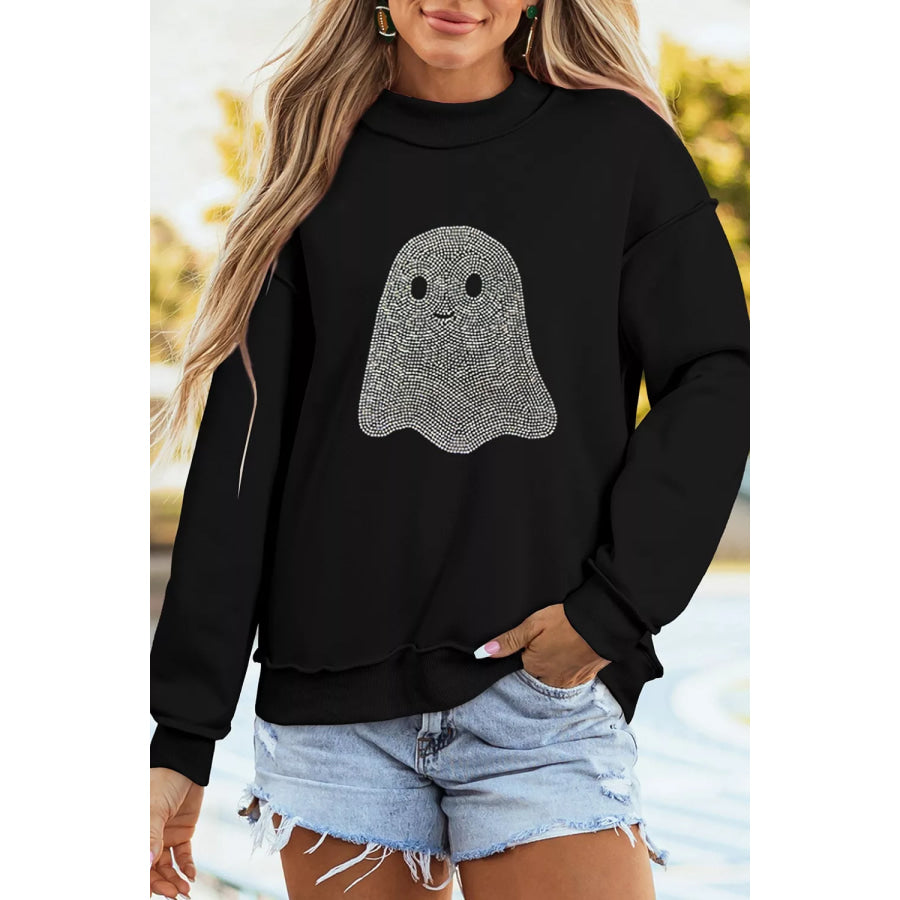 Rhinestone Ghost Exposed Seam Mock Neck Halloween Sweatshirt Apparel and Accessories