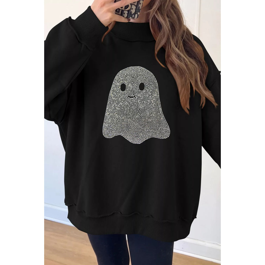 Rhinestone Ghost Exposed Seam Mock Neck Halloween Sweatshirt Black / S Apparel and Accessories