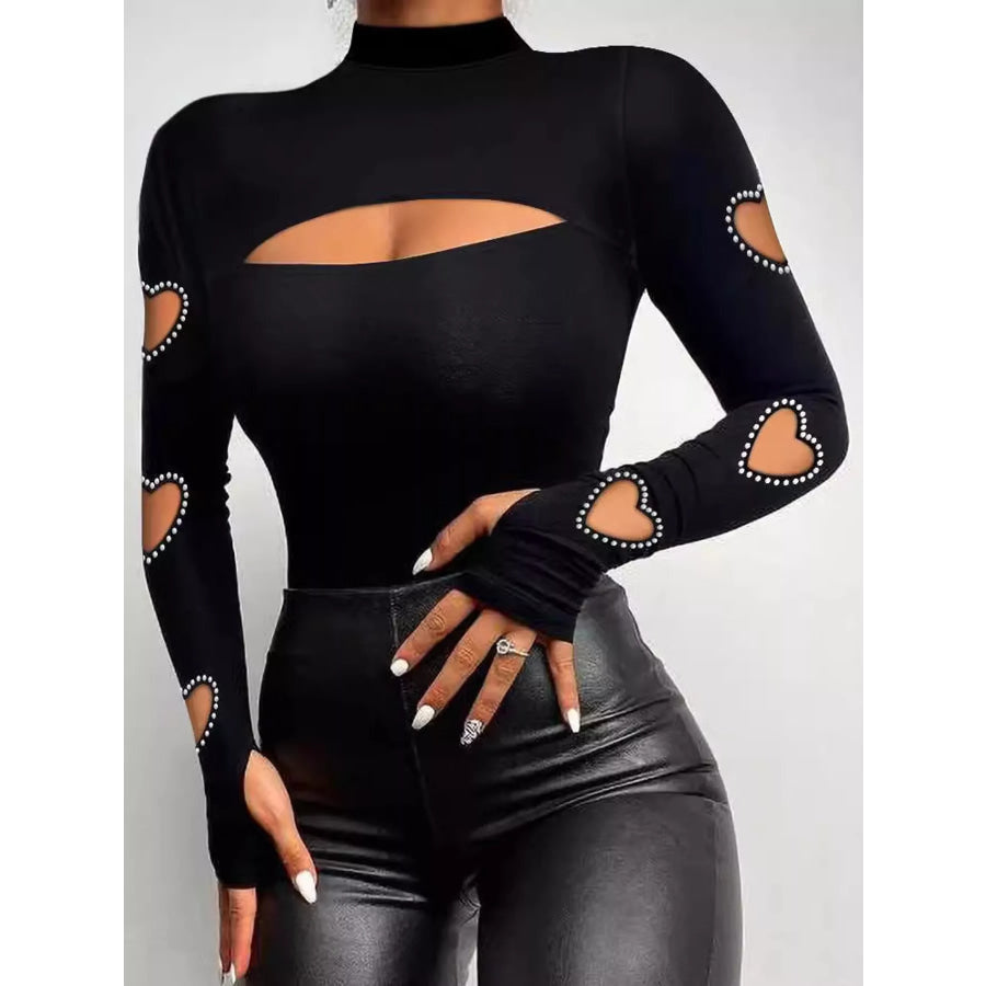 Rhinestone Heart Cut-Out Long Sleeve Mock Neck T-Shirt Black / S Apparel and Accessories