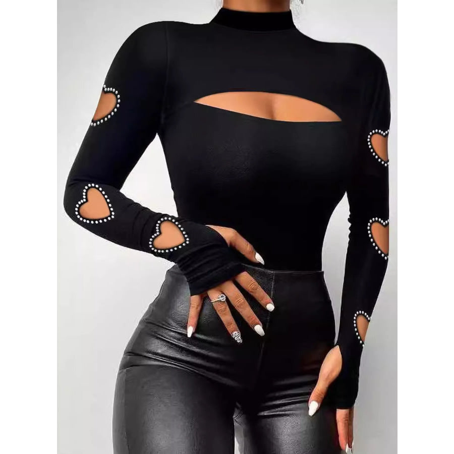 Rhinestone Heart Cut-Out Long Sleeve Mock Neck T-Shirt Black / S Apparel and Accessories