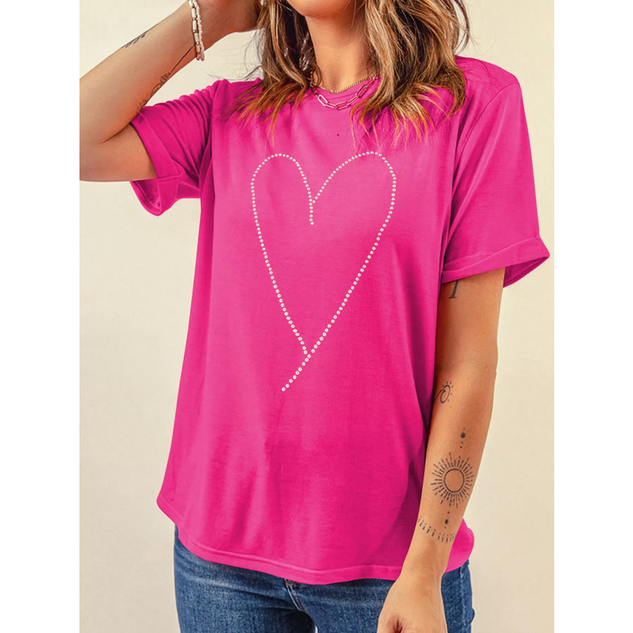 Rhinestone Heart Graphic Crew Neck Valentines Tee Apparel and Accessories