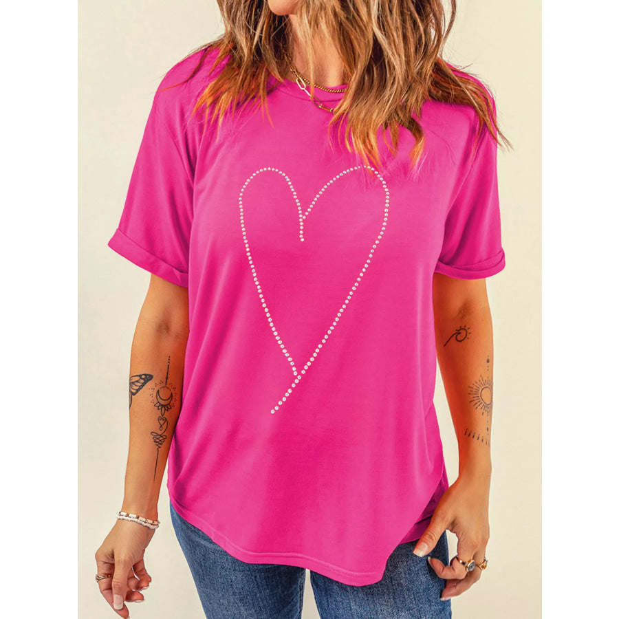 Rhinestone Heart Graphic Crew Neck Valentines Tee Apparel and Accessories