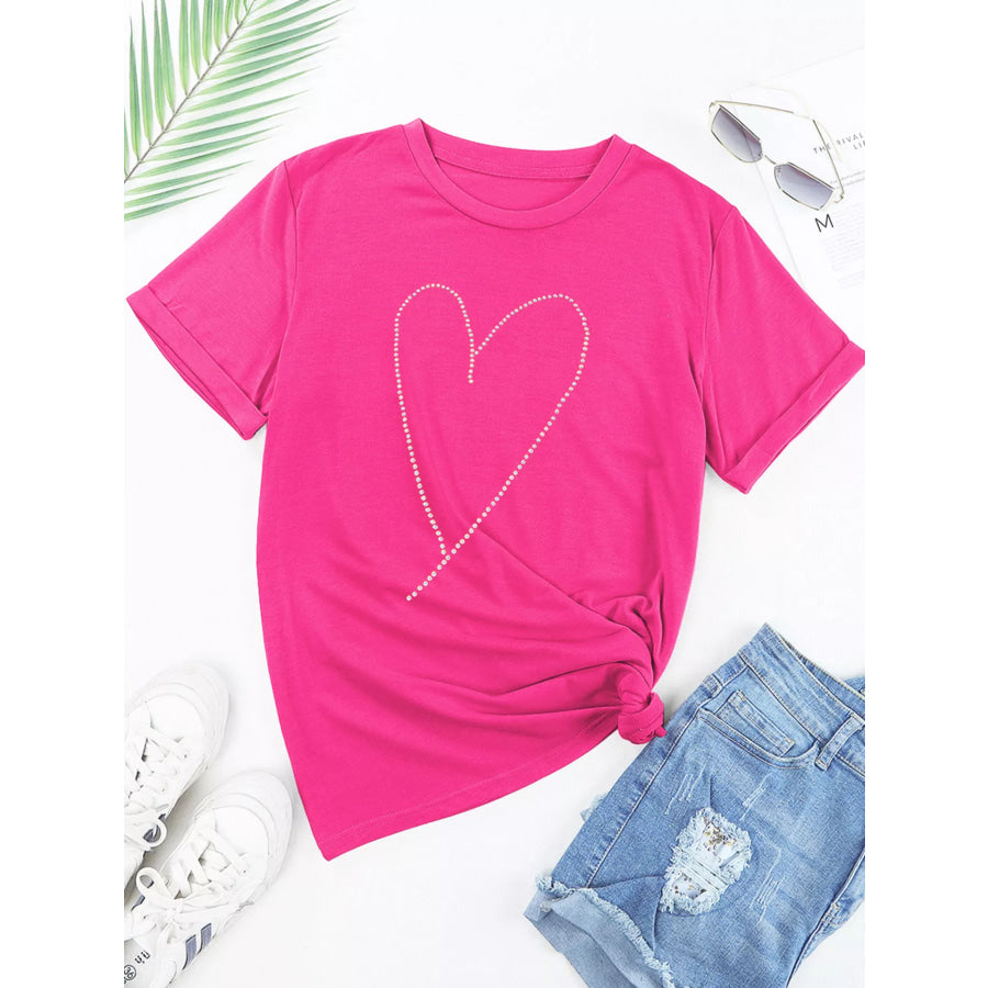 Rhinestone Heart Graphic Crew Neck Valentines Tee Apparel and Accessories