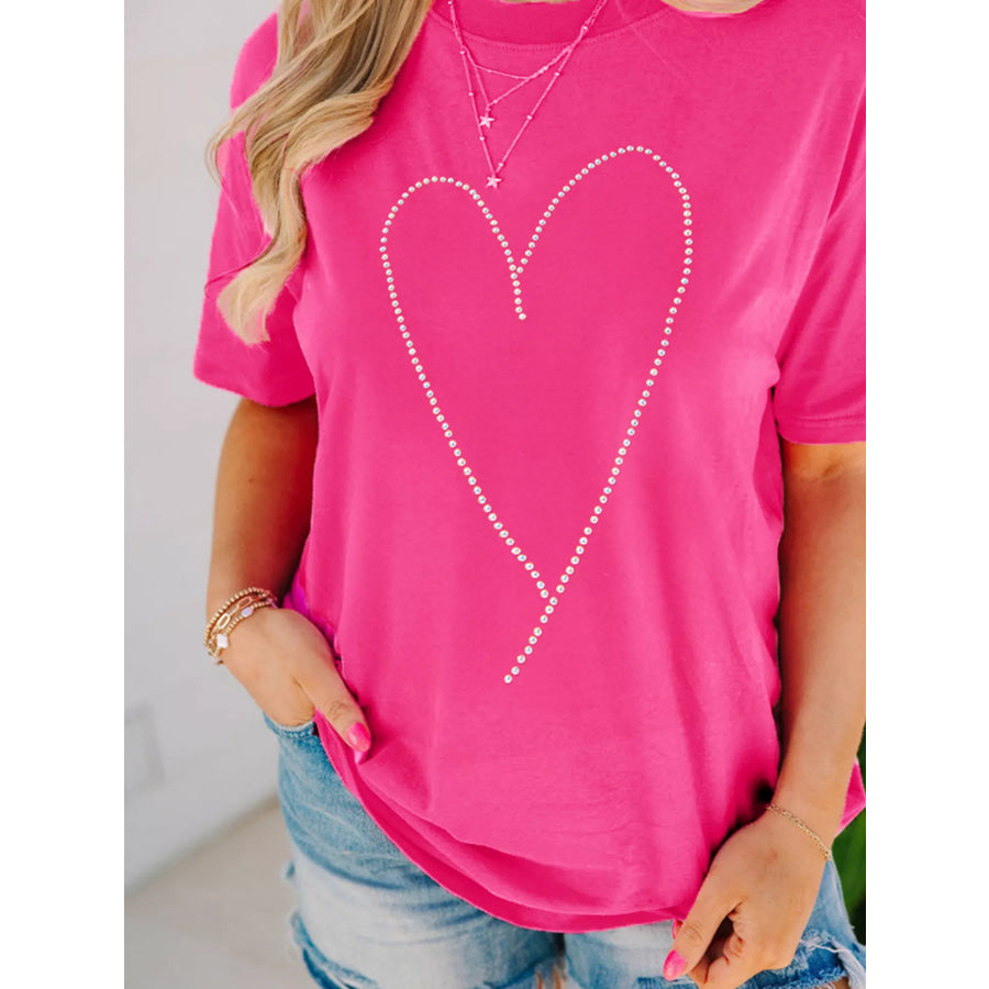 Rhinestone Heart Graphic Crew Neck Valentines Tee Apparel and Accessories