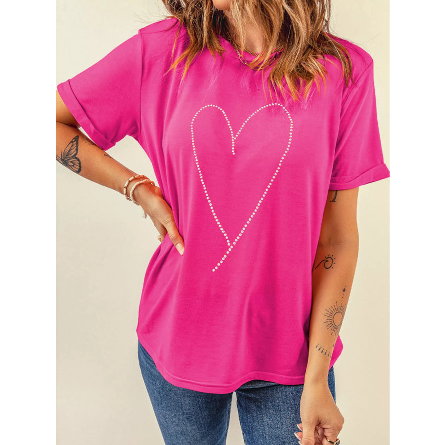 Rhinestone Heart Graphic Crew Neck Valentines Tee Hot Pink / L Apparel and Accessories
