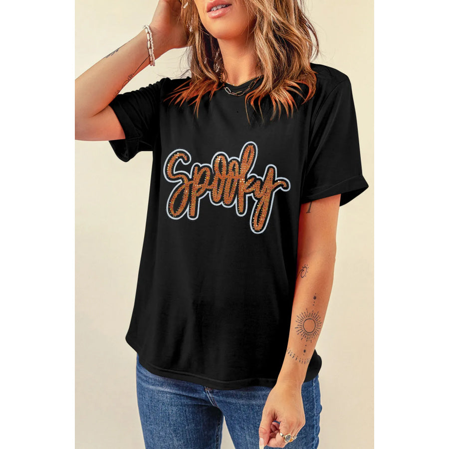 Rhinestone Letter Round Neck Short Sleeve T-Shirt Black / S Apparel and Accessories