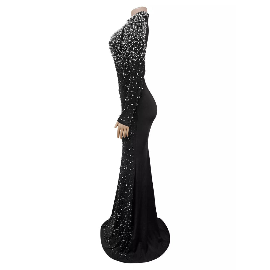 Rhinestone Long Sleeve Mermaid Maxi Dress Apparel and Accessories