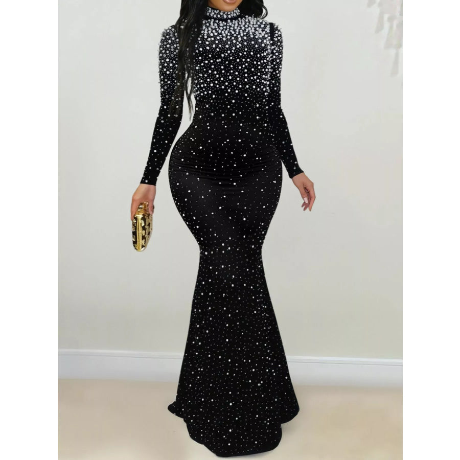 Rhinestone Long Sleeve Mermaid Maxi Dress Black / S Apparel and Accessories