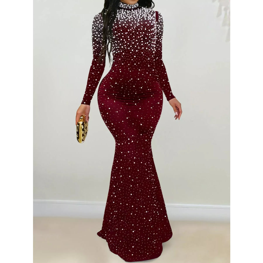 Rhinestone Long Sleeve Mermaid Maxi Dress Burgundy / S Apparel and Accessories