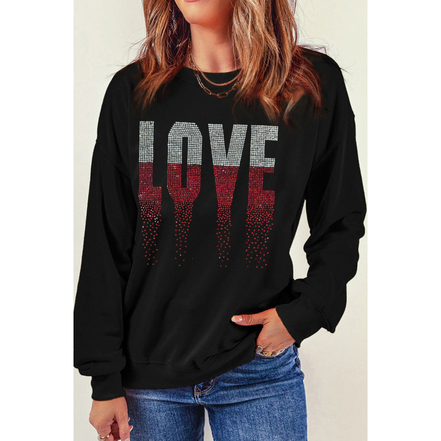 Rhinestone LOVE Round Neck Long Sleeve Sweatshirt Apparel and Accessories