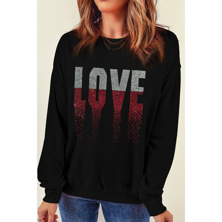 Rhinestone LOVE Round Neck Long Sleeve Sweatshirt Apparel and Accessories