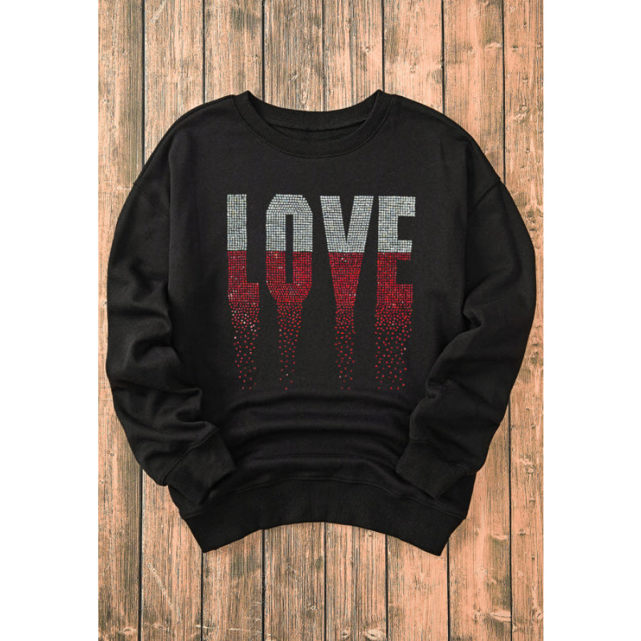 Rhinestone LOVE Round Neck Long Sleeve Sweatshirt Apparel and Accessories