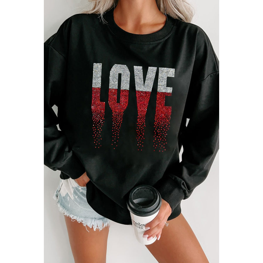 Rhinestone LOVE Round Neck Long Sleeve Sweatshirt Black / S Apparel and Accessories