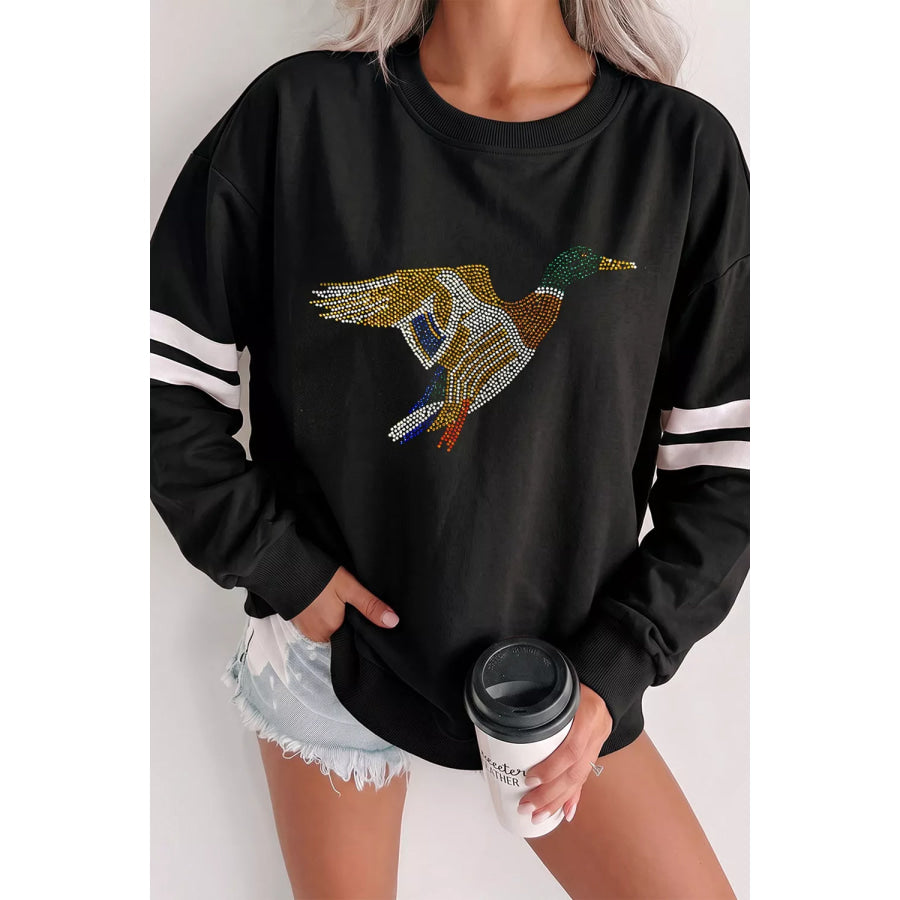 Rhinestone Mallard Contrast Striped Sleeve Casual Sweatshirt Apparel and Accessories