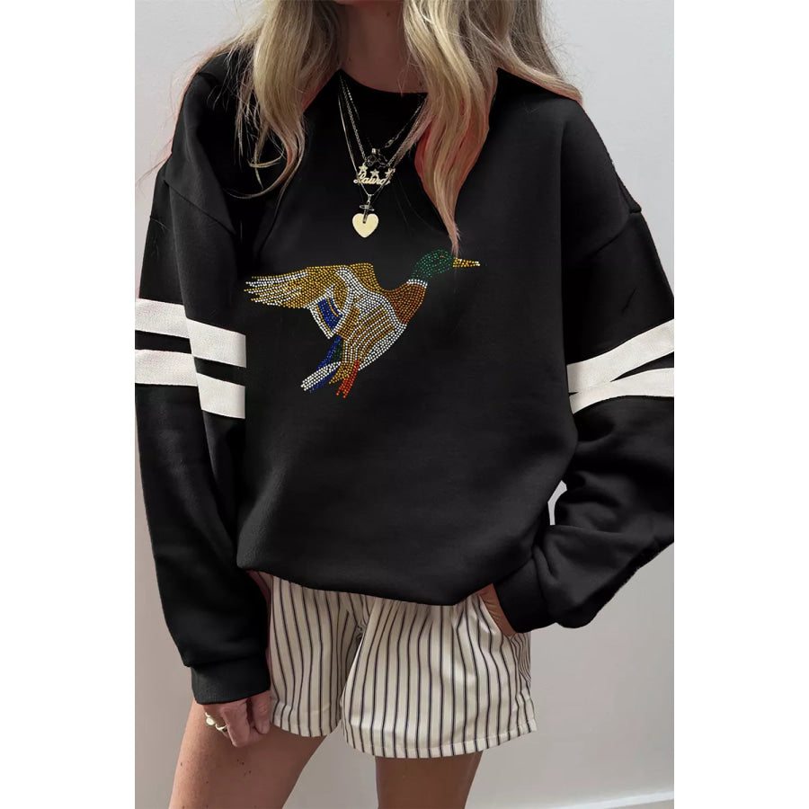 Rhinestone Mallard Contrast Striped Sleeve Casual Sweatshirt Apparel and Accessories