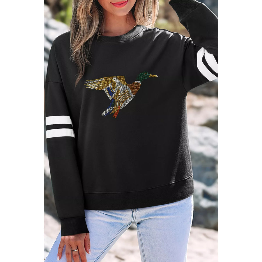 Rhinestone Mallard Contrast Striped Sleeve Casual Sweatshirt Apparel and Accessories