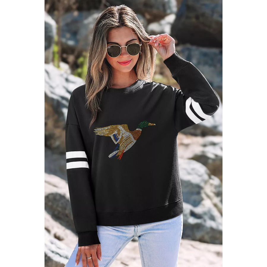 Rhinestone Mallard Contrast Striped Sleeve Casual Sweatshirt Black / S Apparel and Accessories