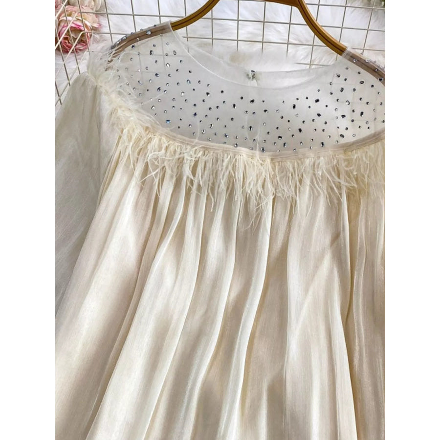 Rhinestone Mesh Panel Blouse Apparel and Accessories