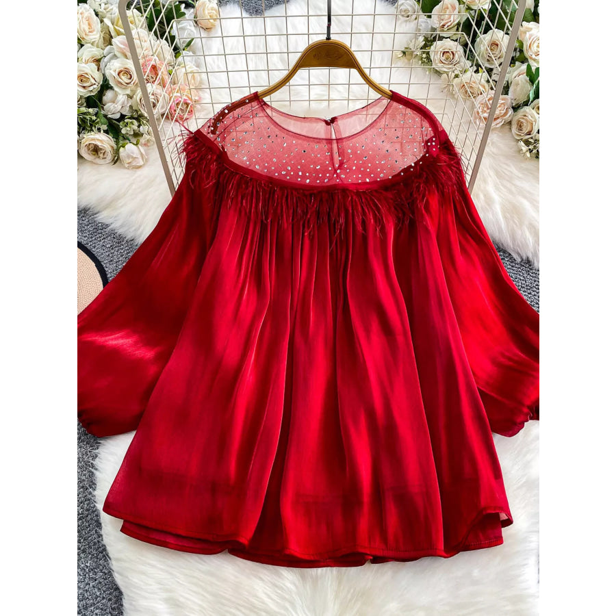 Rhinestone Mesh Panel Blouse Apparel and Accessories