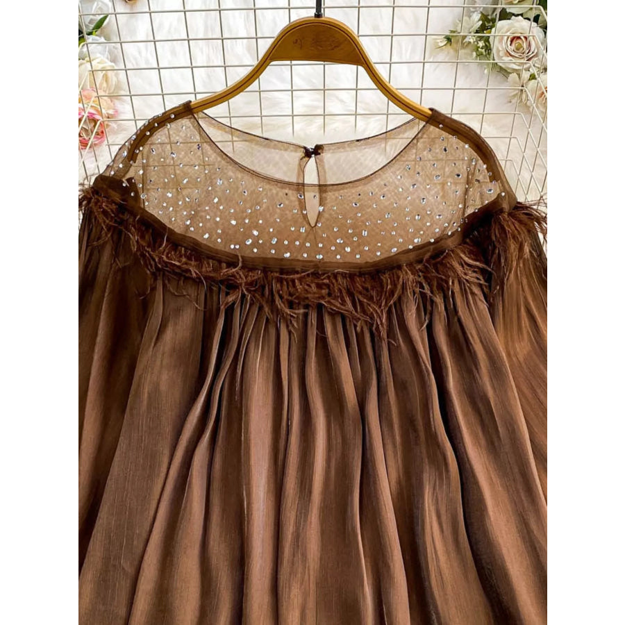 Rhinestone Mesh Panel Blouse Apparel and Accessories