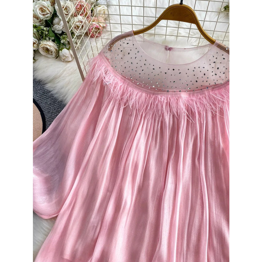 Rhinestone Mesh Panel Blouse Apparel and Accessories