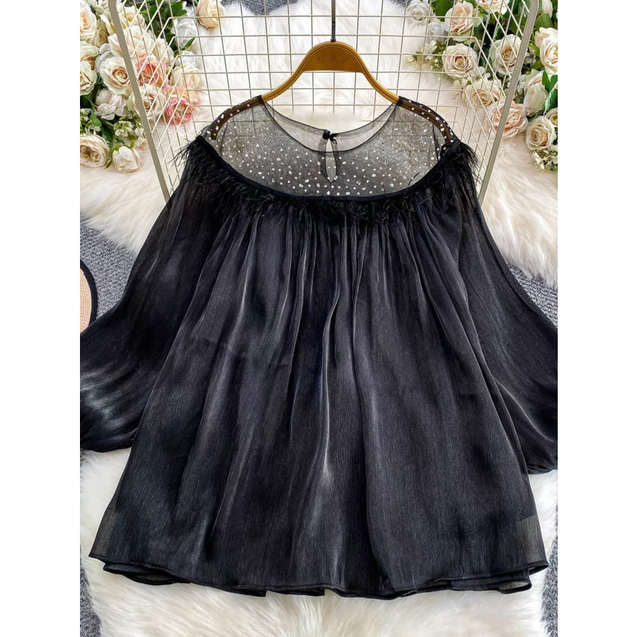 Rhinestone Mesh Panel Blouse Apparel and Accessories