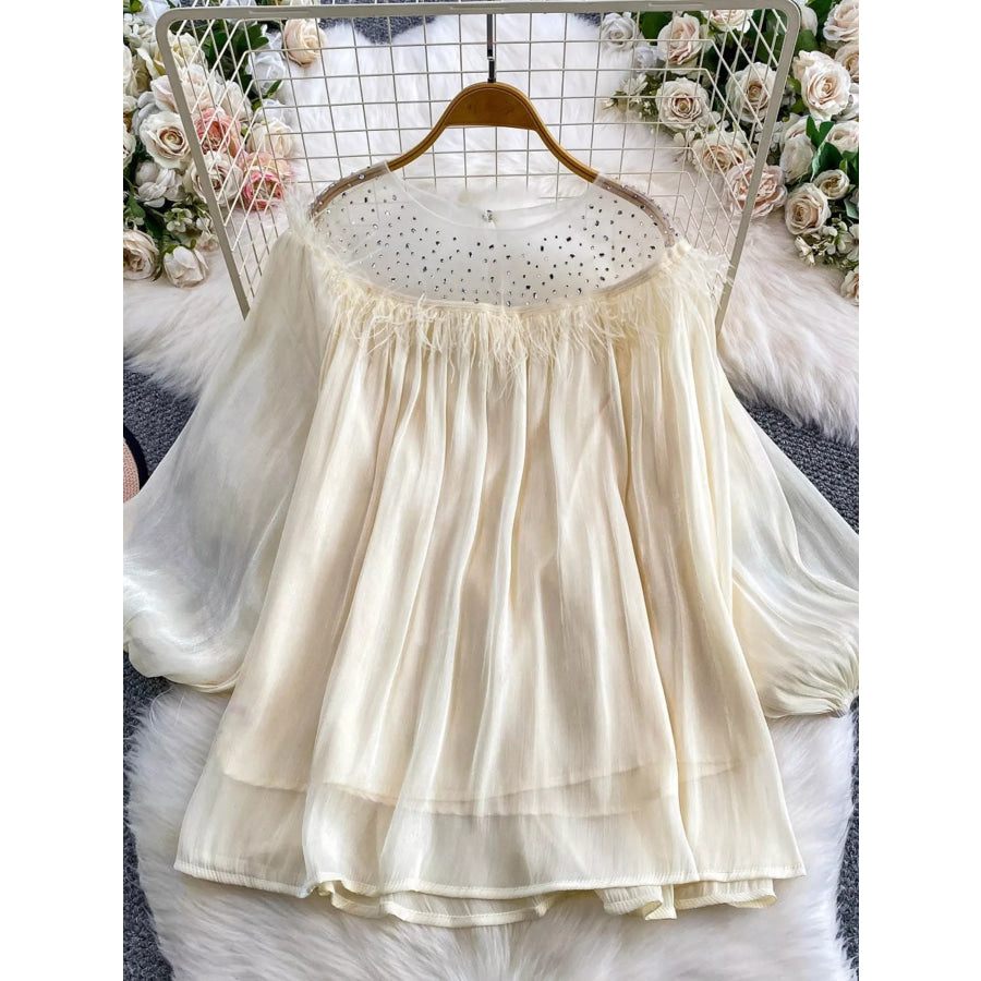 Rhinestone Mesh Panel Blouse Apparel and Accessories