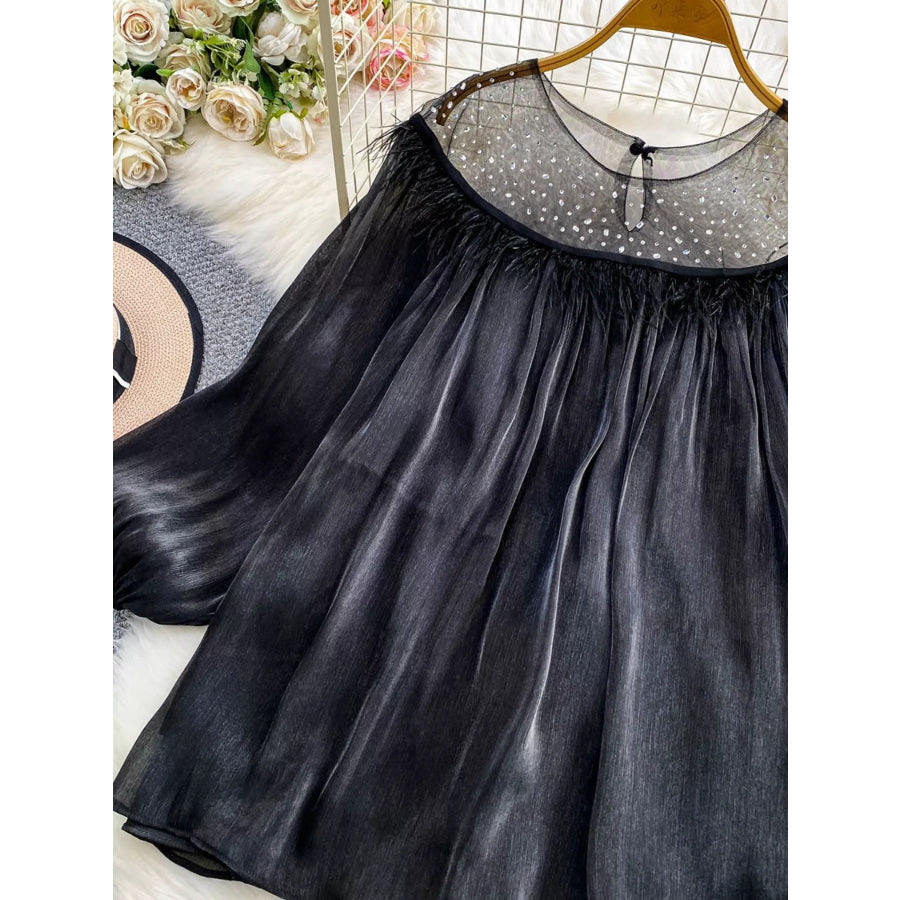 Rhinestone Mesh Panel Blouse Black / One Size Apparel and Accessories