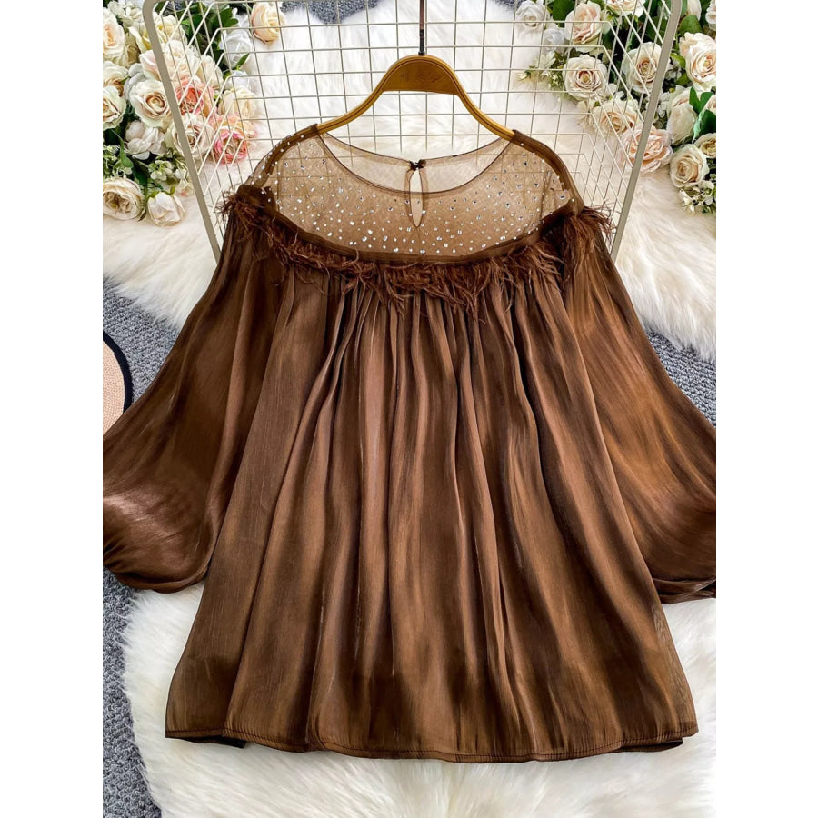 Rhinestone Mesh Panel Blouse Brown / One Size Apparel and Accessories