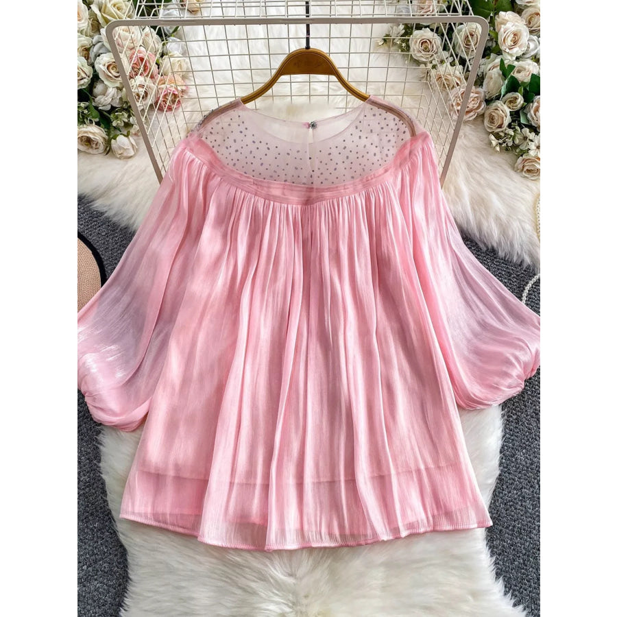 Rhinestone Mesh Panel Blouse Pink / One Size Apparel and Accessories