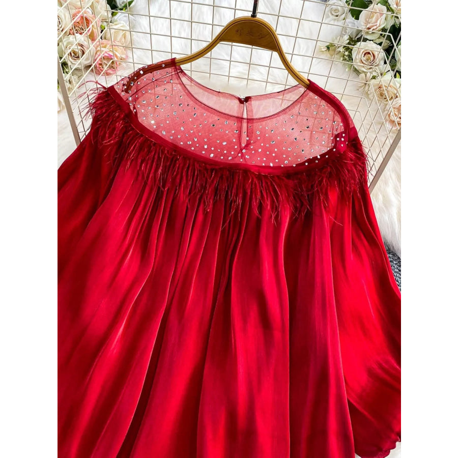 Rhinestone Mesh Panel Blouse Red / One Size Apparel and Accessories