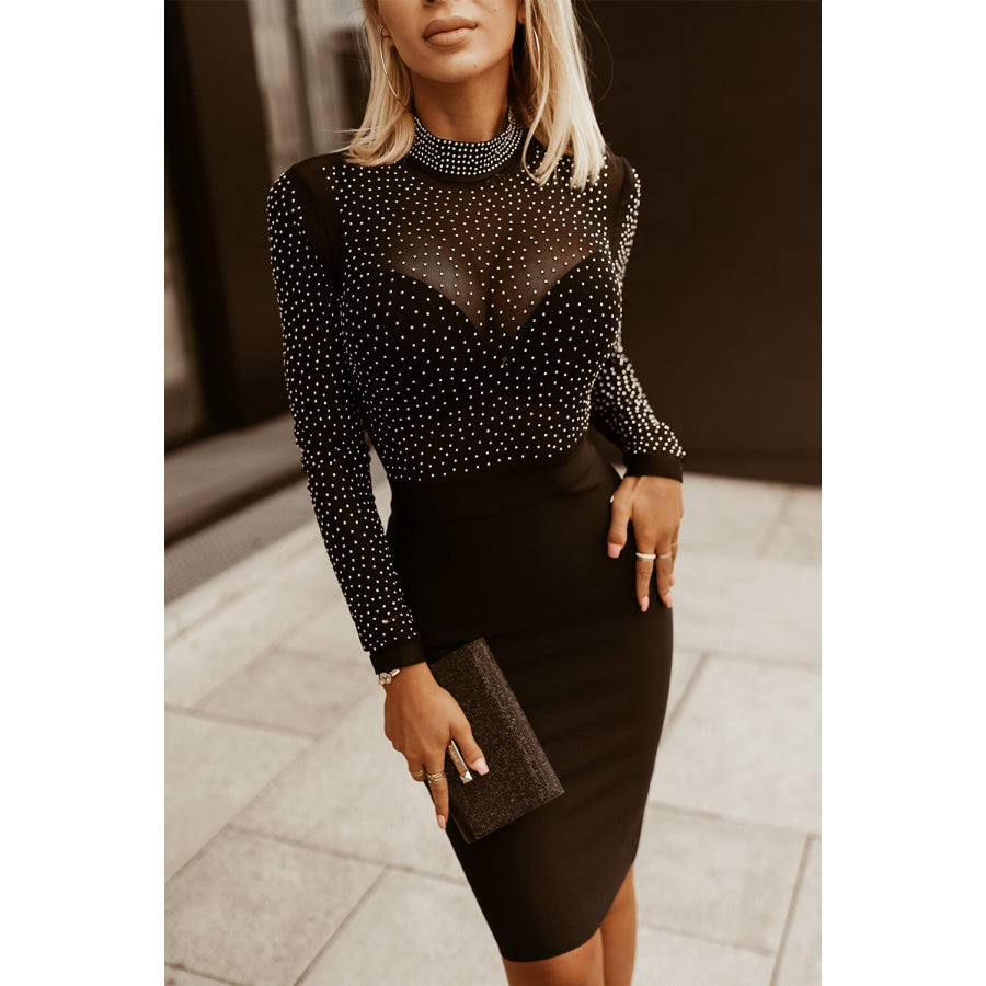 Rhinestone Mock Neck Long Sleeve Dress Black / S Apparel and Accessories