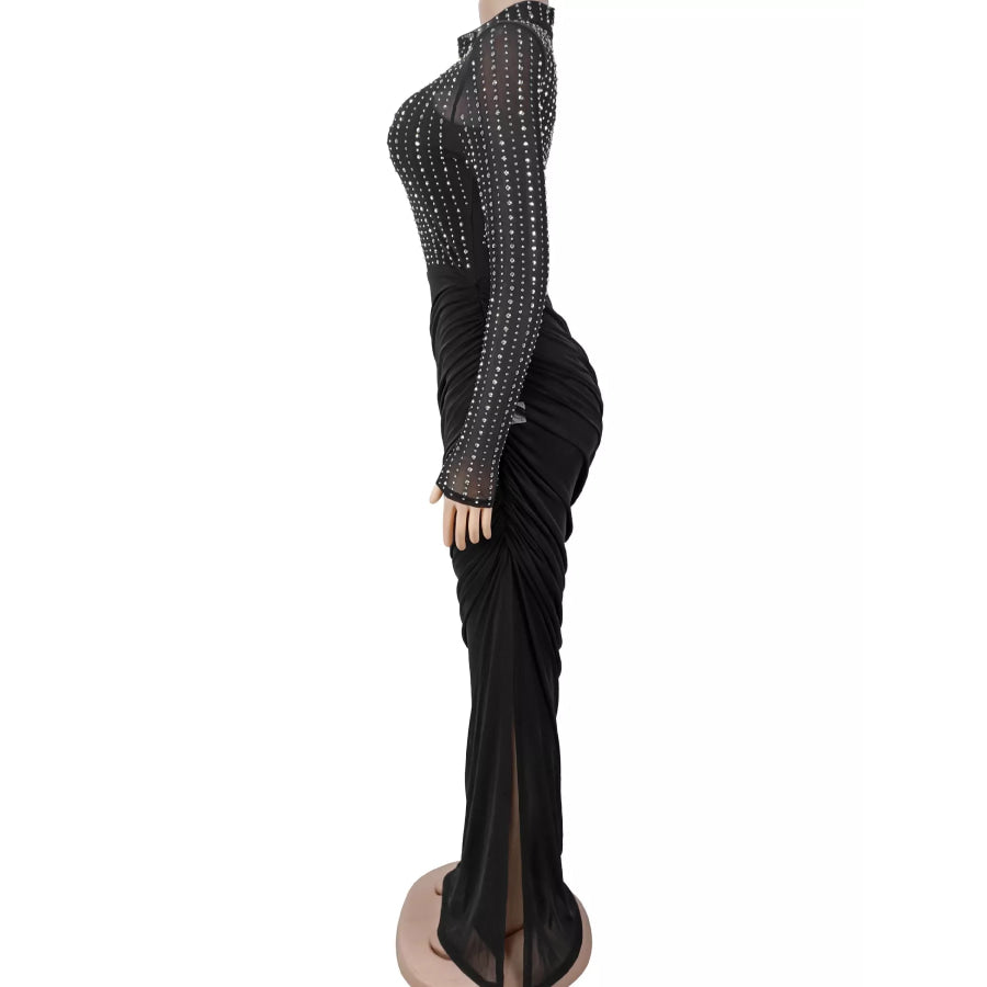 Rhinestone Mock Neck Ruched Maxi Dress Apparel and Accessories