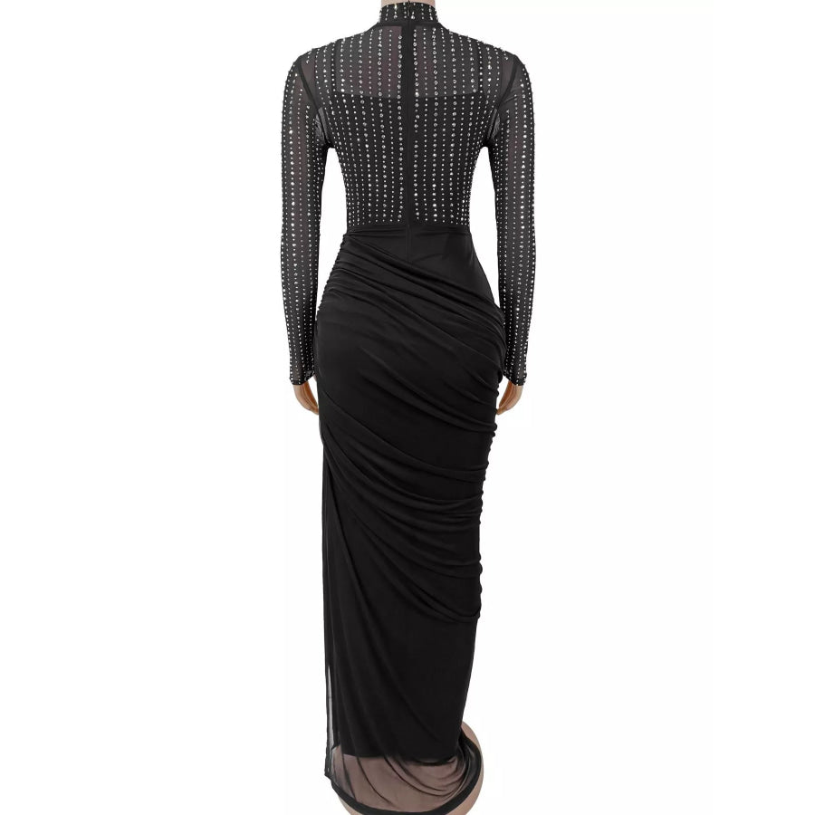 Rhinestone Mock Neck Ruched Maxi Dress Apparel and Accessories
