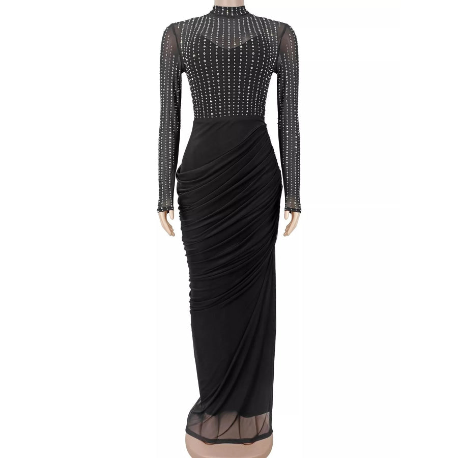 Rhinestone Mock Neck Ruched Maxi Dress Apparel and Accessories