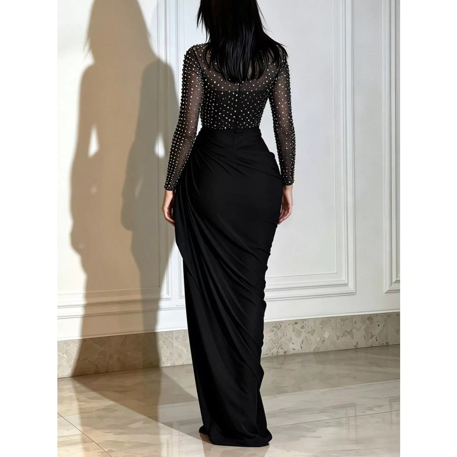 Rhinestone Mock Neck Ruched Maxi Dress Apparel and Accessories