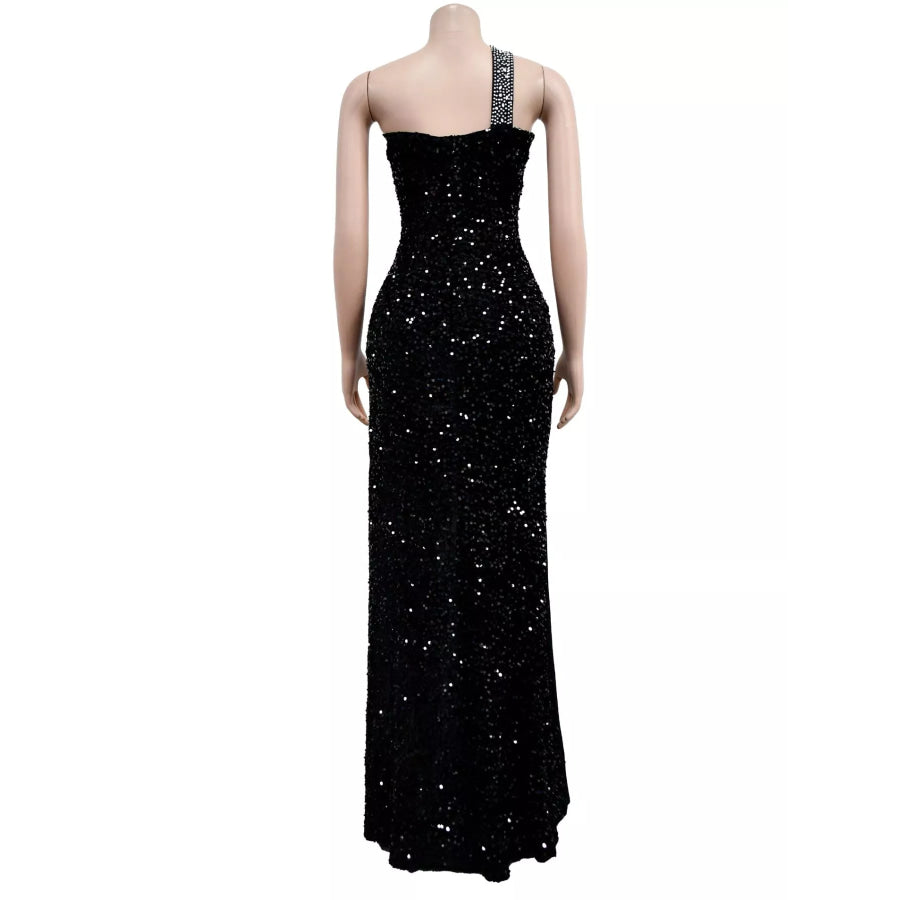 Rhinestone One-Shoulder High-Slit Maxi Dress Apparel and Accessories